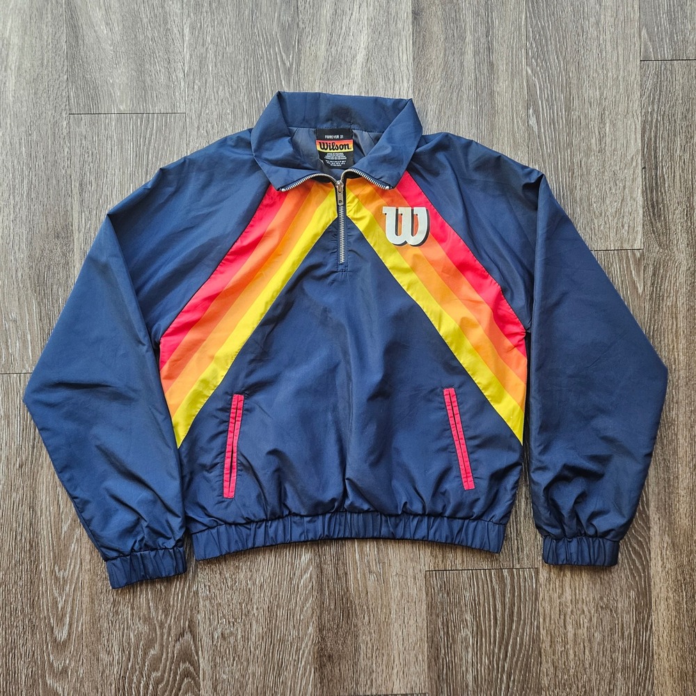 Forever 21 Wilson Womens Navy Blue Rainbow Stripe Quarter Zip Windbreaker Small